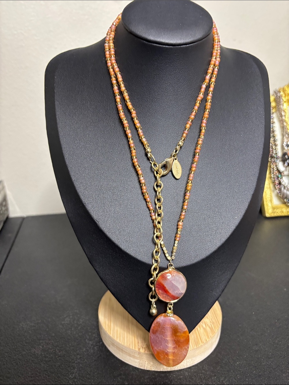 Chico’s Stone Gold Tone Boho Beaded Brown-Orange Double Pendant Necklace